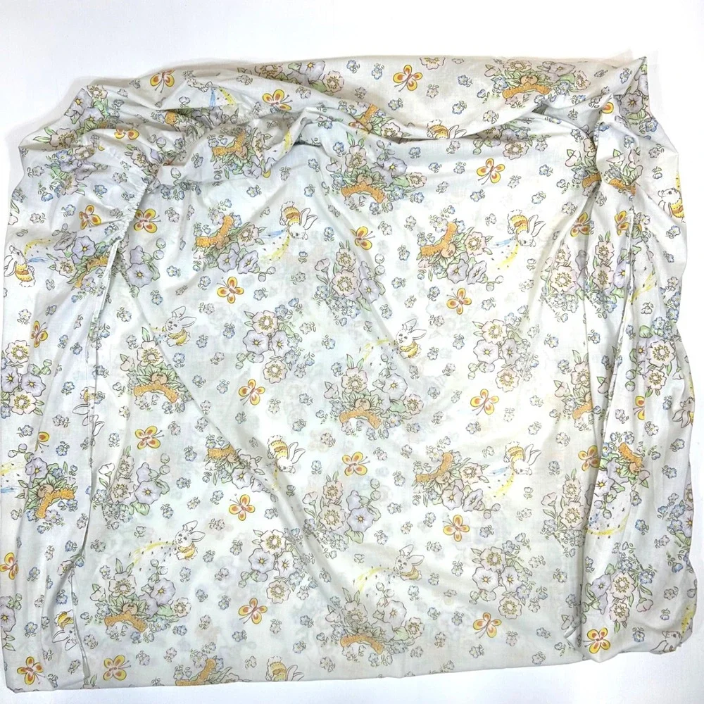 Vintage 1983 Cabbage Patch Kids Pequot Twin Fitted Sheet Floral Garden Butterfly